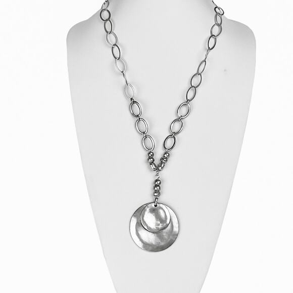 Chico's Pendant Necklace Silver Tone Modernist Double Medallion Discs Open Links - Picture 5 of 13